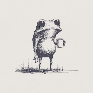 Sarcastic Frog with Coffee Cup PNG, Funny Animal Design, Vintage Frog Art, Quirky Amphibian Sublimation, Coffee Lover Gift Shirt