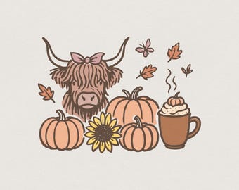Highland Cow PNG, Fall PNG, Pumpkins PNG, Sunflower and Coffee, Cute Autumn Cow Art, Cozy Farmhouse Sublimation, Digital Download