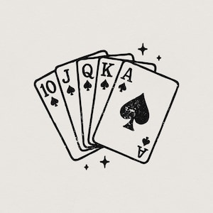 Puede incluir: Una ilustración gráfica en blanco y negro de una escalera real de picas, que muestra las cartas diez, sota, reina, rey y as de picas dispuestas en abanico, acentuadas con pequeños símbolos de estrellas de cuatro puntas alrededor.