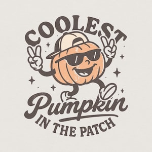 May include: A retro illustration of a cheerful pumpkin wearing sunglasses and a baseball cap. The text says "COOLEST Pumpkin IN THE PATCH" in a circular design. The pumpkin is giving the peace sign with its fingers.