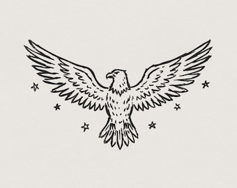 Águila con alas extendidas PNG, imágenes prediseñadas de aves vintage, animal dibujado a mano, arte digital con detalles de estrellas, camiseta imprimible PNG de naturaleza salvaje
