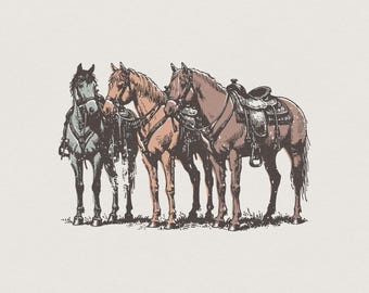 May include: A detailed illustration of three horses standing side by side. The horse on the left is grey, while the two horses on the right are brown. Each horse is equipped with a leather saddle, bridle, and reins, rendered in a classic line art style.