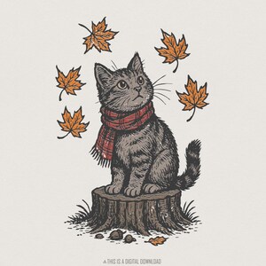 May include: A digital illustration of a grey tabby cat wearing a red plaid scarf, sitting on a brown tree stump. The cat is surrounded by five falling orange maple leaves, with small acorns and scattered leaves at the base of the stump.