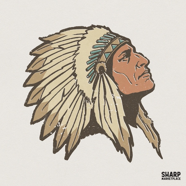 Vintage Native American Chief PNG, Tribal Headdress Digital Shirt Design, Boho Warrior Art, Printable Western Heritage Graphic Download