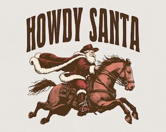Descarga digital PNG de "Hola Santa", diseño navideño del oeste, sublimación navideña vaquera, Santa Claus retro, Navidad vaquera