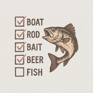Puede incluir: Una ilustración gráfica que presenta una lista de verificación con las palabras BOAT, ROD, BAIT y BEER marcadas con marcas de verificación rojas, seguidas de una casilla vacía junto a la palabra FISH, con un dibujo detallado de un pez saltando.