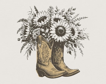 Sunflower Cowgirl Boots png PNG, Retro Cowgirl Boot Clipart, Vintage Flower Western Illustration, Western Flowers Design