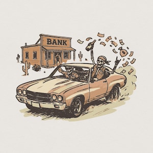 Puede incluir: Una ilustración gráfica de un coche antiguo alejándose a toda velocidad de un banco. Dos esqueletos van dentro del coche, uno conduciendo y otro en el asiento del pasajero sosteniendo una botella y una bolsa de dinero mientras vuelan billetes.