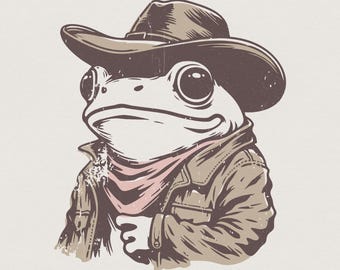Rana vaquera PNG, meme divertido PNG, diseño de rana moderno, humor occidental, estilo retro campestre PNG, gráfico vintage, descarga de sublimación