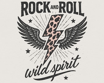 May include: A graphic design featuring the text ROCK AND ROLL at the top and wild spirit at the bottom in black lettering. In the center is a lightning bolt with a pink and black leopard print pattern, flanked by two black feathered wings.