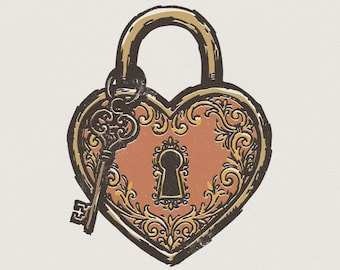 Vintage Herz Schloss PNG, verzierte Schlüssel Clipart, romantische druckbare Kunst, einzigartige Liebe Vorhängeschloss, digitaler Download PNG, antikes Valentinstag Geschenk