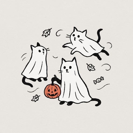 Ghost Cat PNG, Spooky Halloween Cat, Cute Black Cat PNG, Trick or Treat Cats Art, Pumpkin Bucket, Autumn Candy, High-Res Printable PNG File
