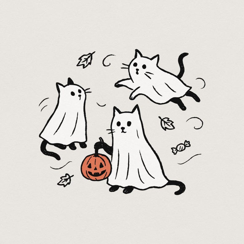 Ghost Cat PNG, Spooky Halloween Cat, Cute Black Cat PNG, Trick or Treat Cats Art, Pumpkin Bucket, Autumn Candy, High-Res Printable PNG File image 1