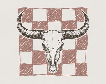 Checkered Longhorn Skull PNG, Western Bull Skull, Aztec Cow Skull, Digital Download, Country Sublimation, Rodeo Print, Rustic Ranch Decor