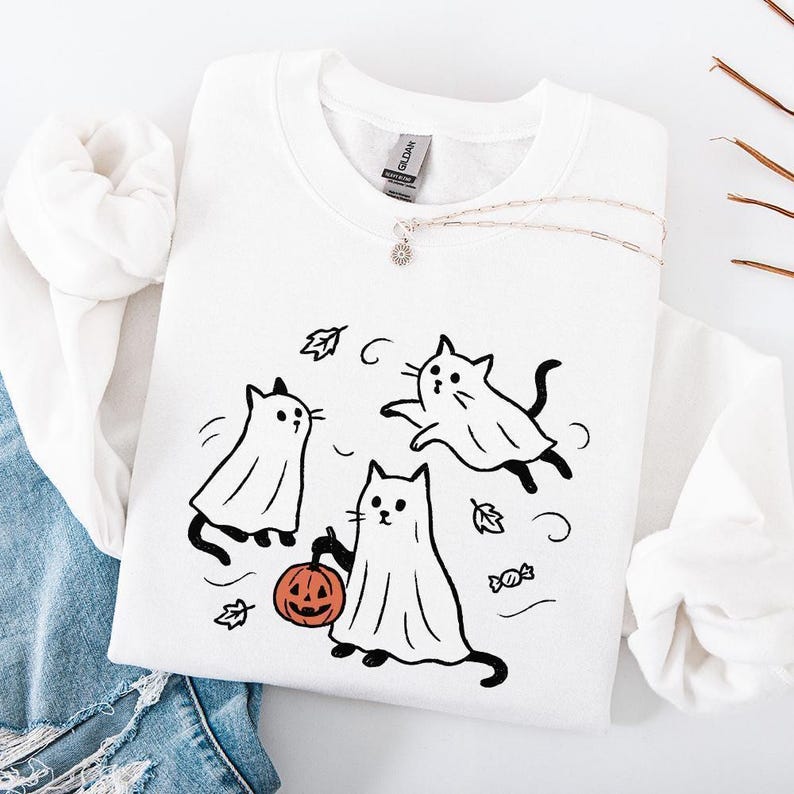 Ghost Cat PNG, Spooky Halloween Cat, Cute Black Cat PNG, Trick or Treat Cats Art, Pumpkin Bucket, Autumn Candy, High-Res Printable PNG File image 4