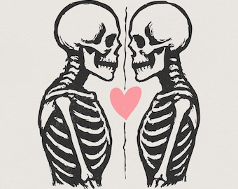 Skeleton Lovers PNG, Valentine Skeleton Art, Romantic Gothic PNG – Skeleton Couple with Heart, Digital Download, Gothic Love PNG Print