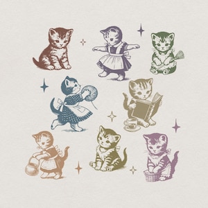 May include: A collection of eight vintage-style illustrations of kittens in various poses, including one holding a ball of yarn, one reading a book with a teacup, one sweeping with a broom, and one carrying a small bucket, accented by small star icons.