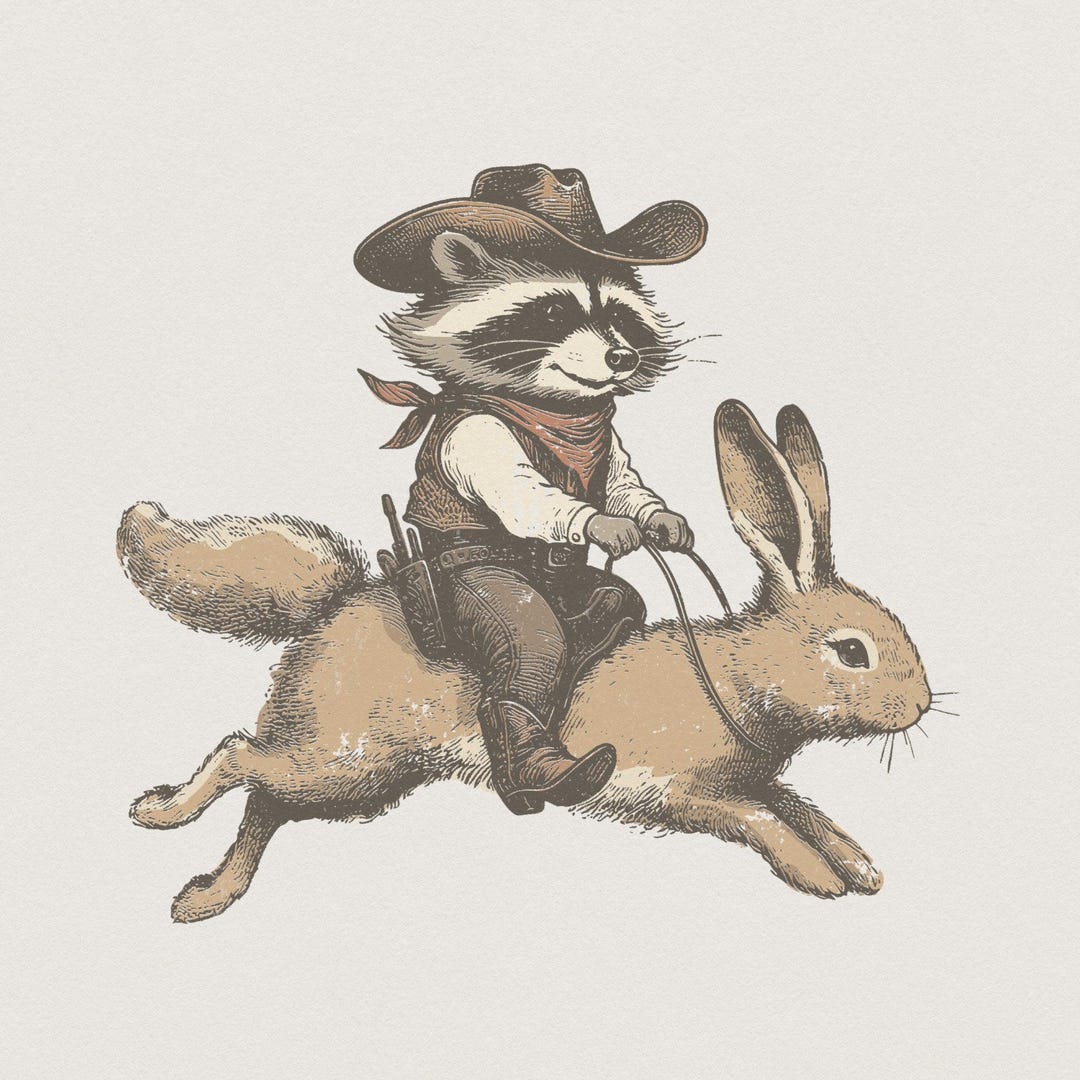 Cowboy Raccoon Riding Rabbit PNG, Vintage Wild West Art (digital ...