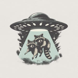 May include: A graphic illustration featuring two raccoons floating upward within a bright, pale blue light beam emitted from a dark gray, metallic flying saucer. The background includes dark, textured clouds and small, four-pointed white stars.