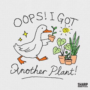 Oeps! Ik heb nog een plant! PNG, tuinmankunst grappige gans, schattig kamerplantshirt, lentetuinretrodesign