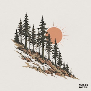 May include: Illustration of a hillside with evergreen trees and a setting sun. The trees are dark green and brown, with a light brown hillside and a peach-colored sun. The image has a vintage, hand-drawn style.