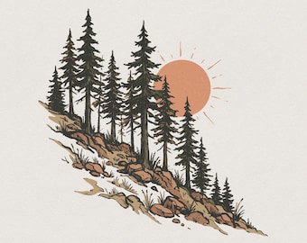 Mountain Pines PNG, Sun Nature Artwork, Retro Forest Shirt Design, Vintage Pine Tree Clipart, Outdoor Landscape PNG, Sublimation Print