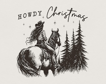 Vaquera navideña PNG, Navidad western vintage PNG, Western retro, Caballo navideño PNG, Navidad western, Diseño de sublimación
