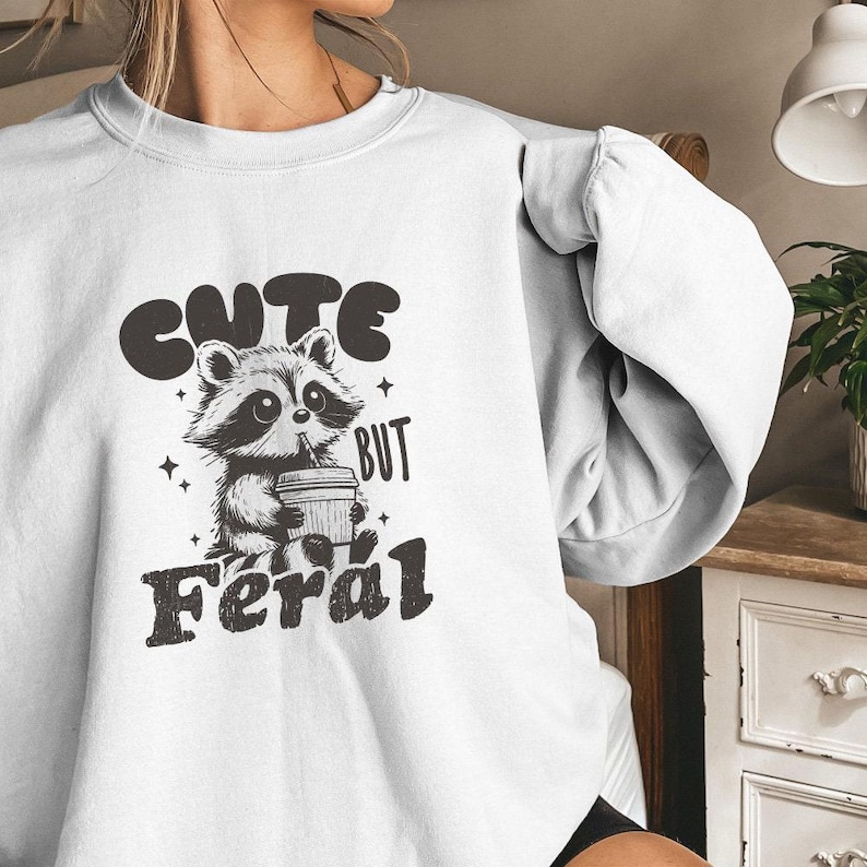Cute But Feral Raccoon PNG, Funny Sarcastic Quote, Vintage Snarky Sublimation Design, Adult Humor, Summer Retro Shirt Feral Girl Clipart image 9