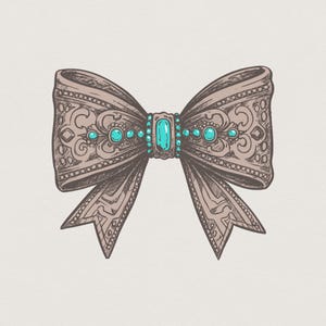 May include: An illustrated bow in a muted brown hue, adorned with detailed patterns and teal gemstones. The bow's design includes decorative swirls and lines. A rectangular teal gem is at the centre, flanked by smaller gems.