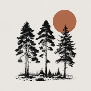 Bergketen zon PNG, zonsopgang pijnbomen, kerstbomen clipartbundel, silhouet digitale download, retro noodlijdende vintage afbeelding
