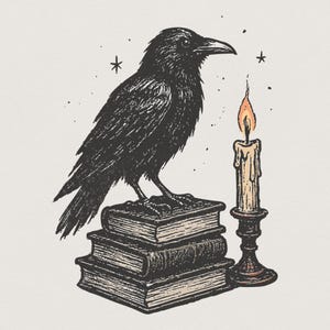 May include: A black crow illustration perched atop a stack of three books. A lit candle in a holder stands to the right. The artwork has a vintage, gothic aesthetic with star accents.