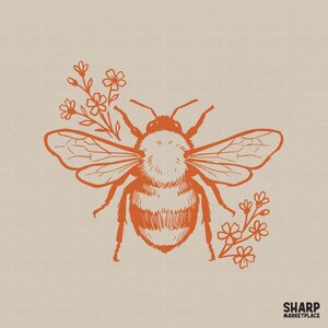 May include: A burnt orange line art illustration of a bumblebee centered on a light beige background. The bee is flanked by small floral sprigs on the upper left and lower right sides. The text SHARP MARKETPLACE appears in the bottom right corner.