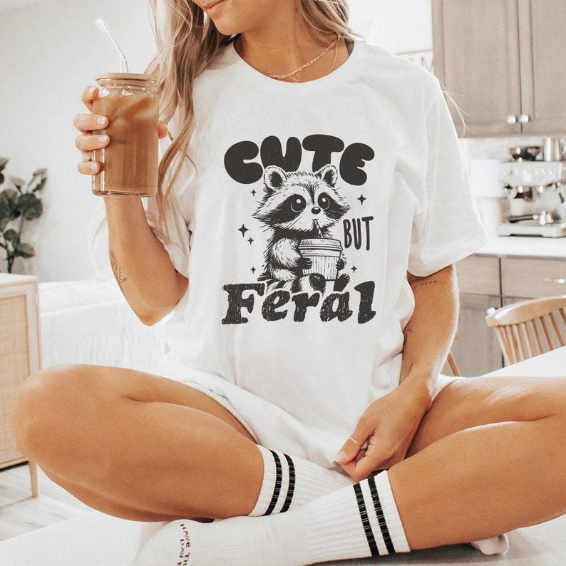 Cute But Feral Raccoon PNG, Funny Sarcastic Quote, Vintage Snarky Sublimation Design, Adult Humor, Summer Retro Shirt Feral Girl Clipart image 2