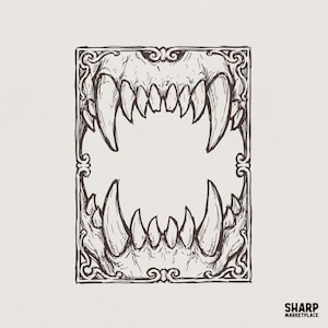 May include: A black and white illustration of a stylized open mouth with sharp teeth. The image is framed by an ornate border. The teeth are prominent, with large canines and smaller incisors. The image has a vintage, hand-drawn aesthetic.