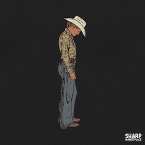 May include: A graphic illustration of a figure wearing a white cowboy hat, a long-sleeved tan shirt with a dark floral pattern, and grey chaps with fringe detailing. The figure stands in profile against a black background with the text SHARP MARKETPLACE.