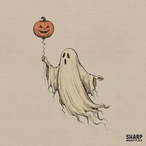 May include: A line art illustration of a ghost draped in a beige sheet with a surprised expression, holding a string attached to an orange jack-o'-lantern balloon. The text SHARP MARKETPLACE is printed in the bottom right corner of the image.