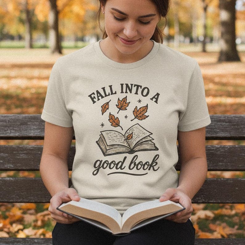 Fall Into a Good Book PNG, Autumn Reading Shirt, Book Lover Digital Download, Cozy Fall PNG, Literary Tee Design, Teacher Gift Printable image 3