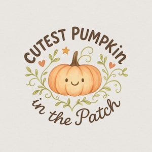 Puede incluir: Una ilustración digital de una calabaza de color naranja claro con una cara sonriente, rodeada de enredaderas verdes, pequeños corazones naranjas y una estrella amarilla. El texto "CUTEST PUMPKIN in the Patch" está en letras marrones.