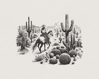 May include: A black and white ink illustration depicting a rider wearing a cowboy hat on horseback, traveling through a desert landscape filled with various saguaro and barrel cacti under a clear sky with distant mountains in the background.
