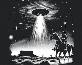 OVNI vaquero PNG, nave espacial alienígena retro, diseño western vintage, arte de ciencia ficción, escena desértica, descarga digital, arte en blanco y negro
