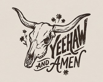 Yeehaw et Amen PNG, conception de crâne de taureau Western, graphique numérique country cowboy, rodéo vintage imprimable, fichier à télécharger chemise
