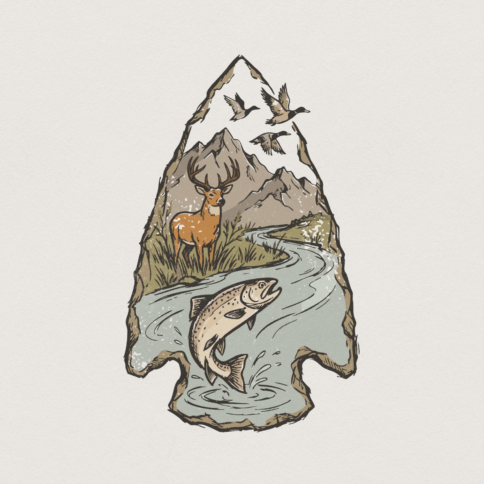 Deer and Fish Arrowhead PNG, Nature Mountain Scene, Wildlife PNG ...