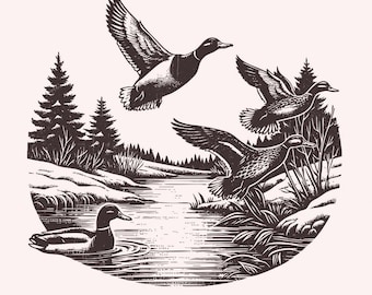 PNG de pato vintage, imágenes prediseñadas de pato ánade real, sublimación de pato salvaje, caza de patos voladores, PNG de pantano, uso comercial, descarga digital