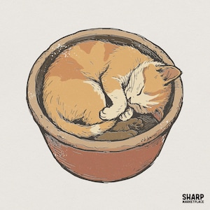 Può includere: Un'illustrazione digitale di un gatto soriano arancione e bianco raggomitolato che dorme all'interno di una ciotola in ceramica rotonda color terracotta. L'opera presenta uno stile testurizzato disegnato a mano con linee d'inchiostro e il testo SHARP MARKETPLACE.
