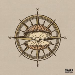 May include: A graphic illustration of an open seashell containing a pearl, centred over a compass rose with cardinal directions N, S, E, and W. The design features muted tan, brown, and cream tones with the text SHARP MARKETPLACE in the bottom corner.