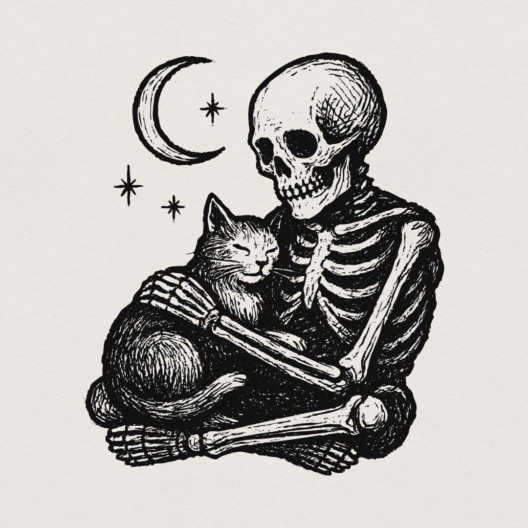 Gothic Skeleton Hugging Cat PNG, Celestial Night Pet Art, Skeleton Cat ...