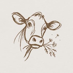 Pode incluir: Uma ilustração de linhas castanhas de uma cabeça de vaca sobre um fundo bege claro. A vaca é representada de frente, olhando para a frente com orelhas grandes e uma expressão suave, enquanto segura um pequeno ramo de flores na boca.