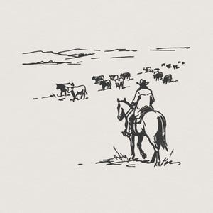 May include: A black and white line art illustration depicting a person riding a horse whilst herding a group of cattle across an open landscape. The rider wears a wide-brimmed hat and is viewed from behind, facing towards the herd in the distance.