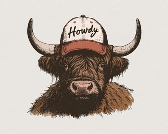 Howdy Western PNG, Highland Cow Design, Trendy Sublimation, Cowgirl png, Cowboy PNG, Southern png, Country PNG
