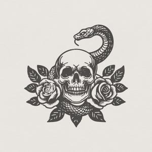 May include: A monochrome illustration of a skull, snake, and roses. The skull is central, with a snake coiled above. Roses and leaves surround the skull. The design has a vintage, tattoo-inspired aesthetic, with a focus on detail and contrast.